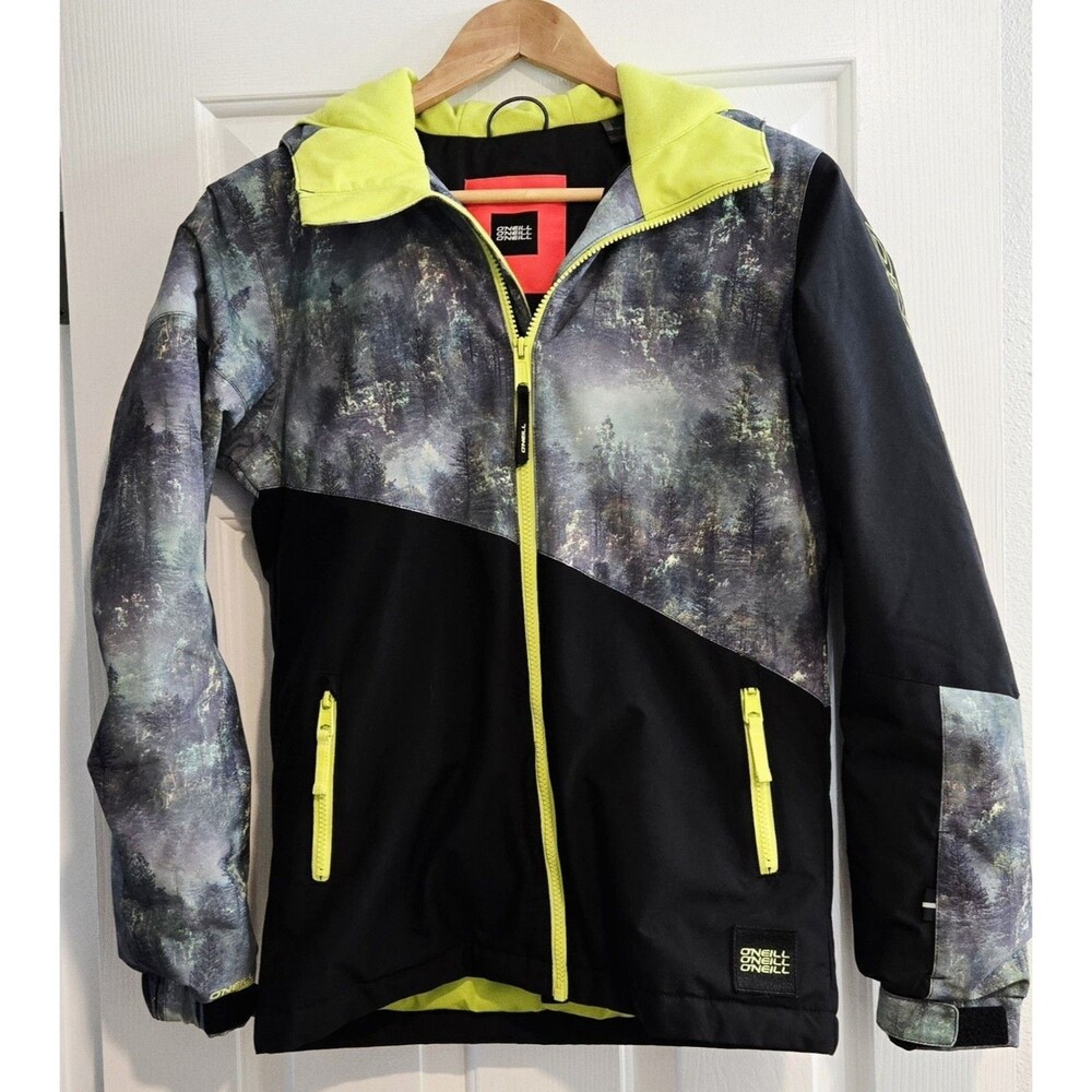 O'Neill Boys Snow Jacket Size 12 Forest Print Black Neon Yellow Ski Snowboard